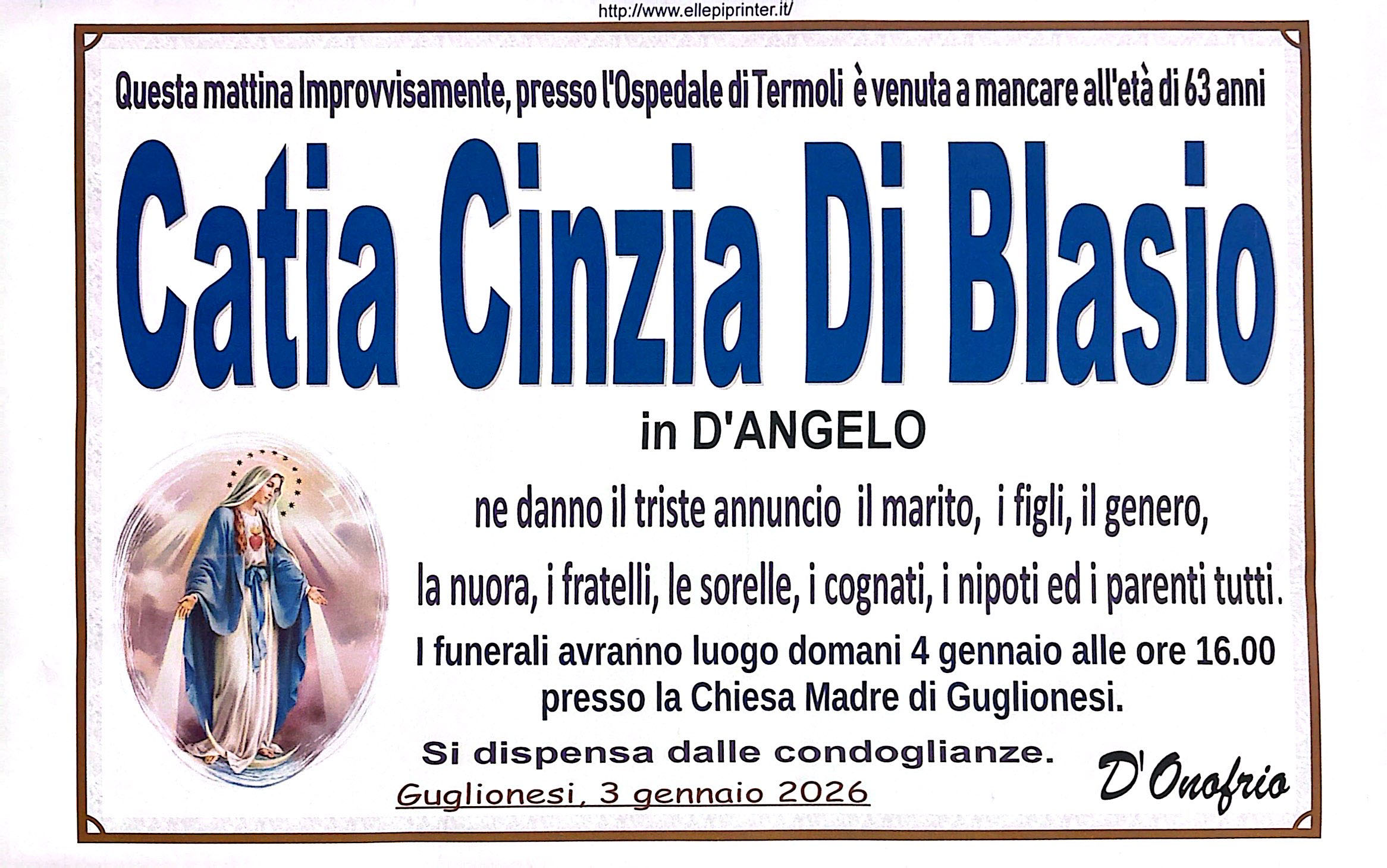 Necrologio Catia Cinzia Di Blasio in D'Angelo